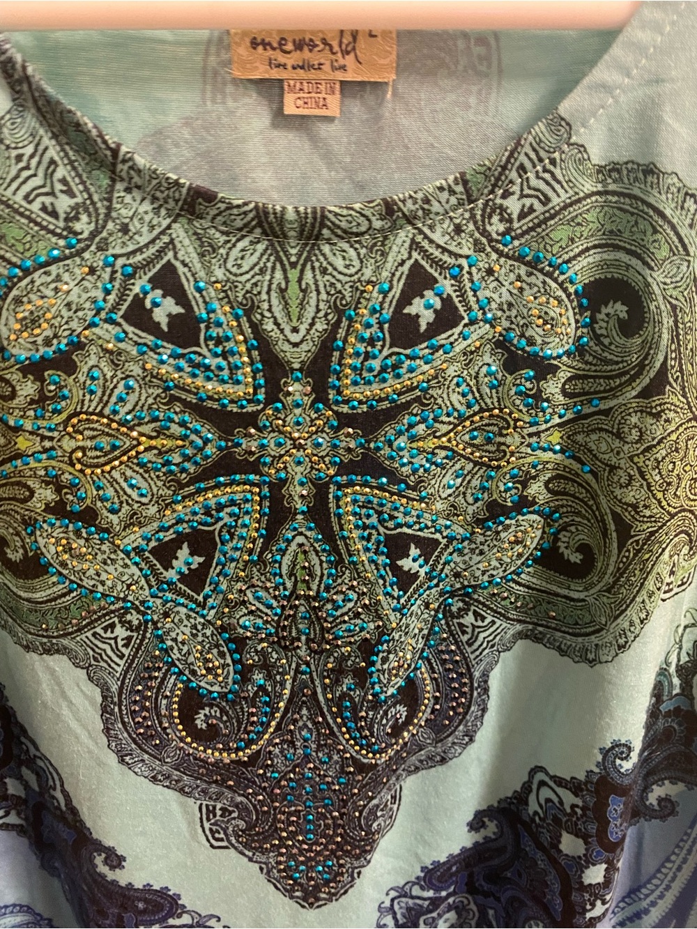 NWT One World L Top Bling Sublimation Blouse Large Lace Trim Shirt Blue Green Lg - Picture 2 of 10